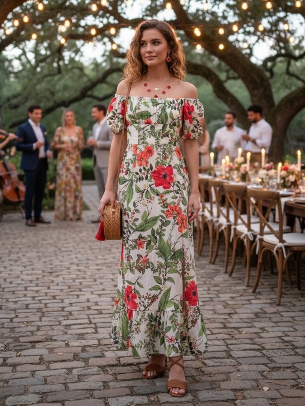 London Times Floral Maxi Skirt in Cream, Red & Green